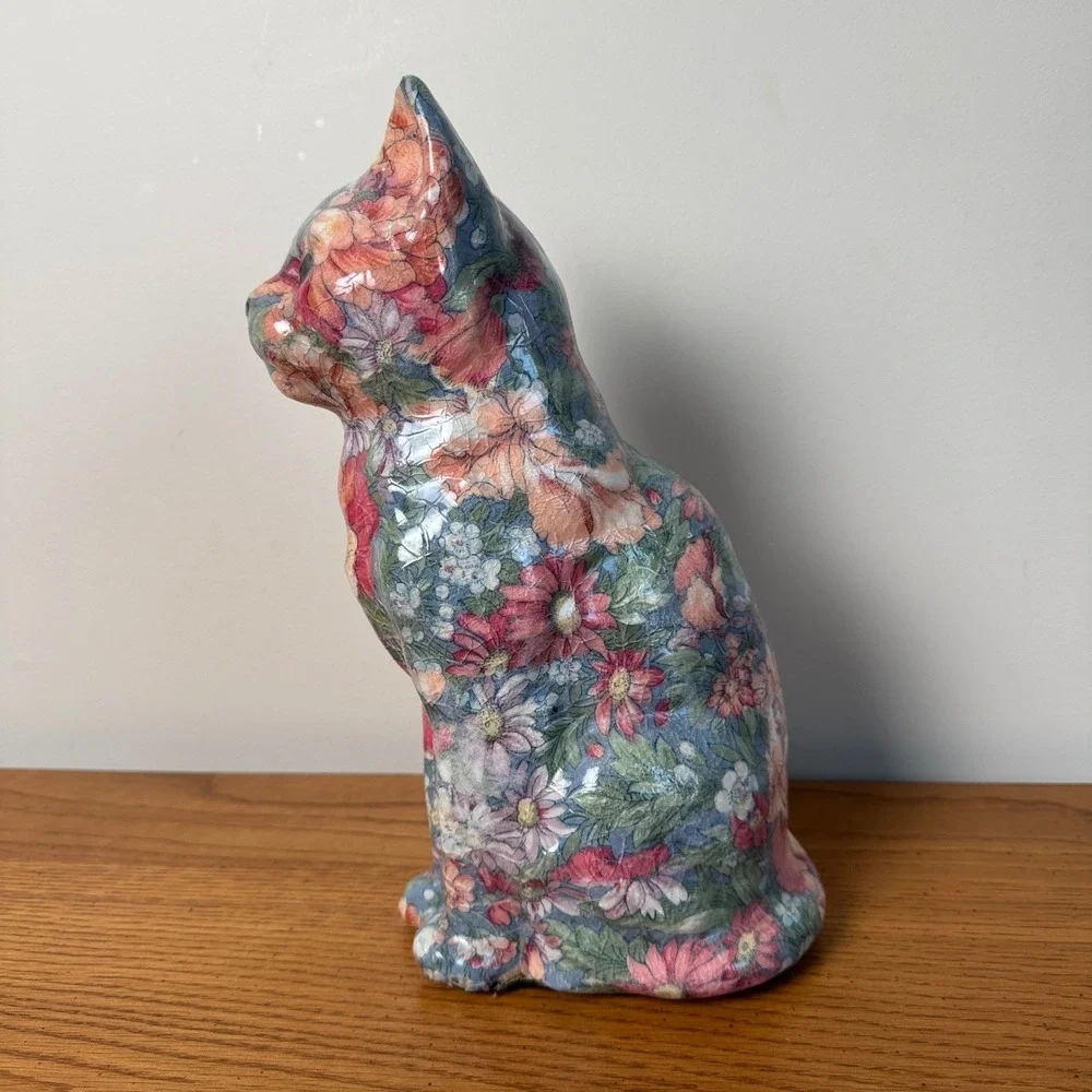 Vintage Floral Cat Figurine Ceramic‎ Sitting Kitten Home Decor Collectible